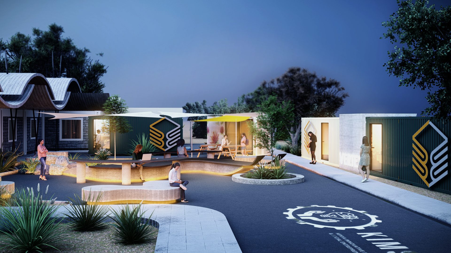 KIMSSEA container campus at dusk with lit interiors, a curved illuminated bench, planting, and people gathering.