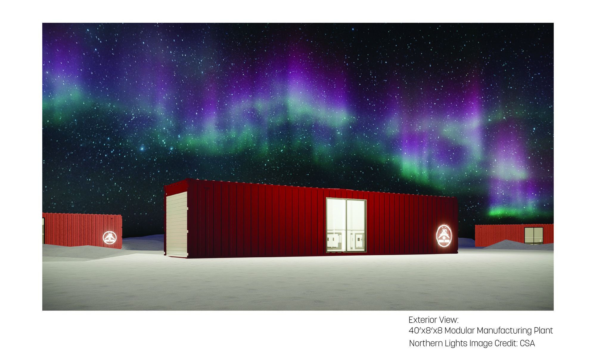 The red modular manufacturing plant at night under green and purple northern lights.
