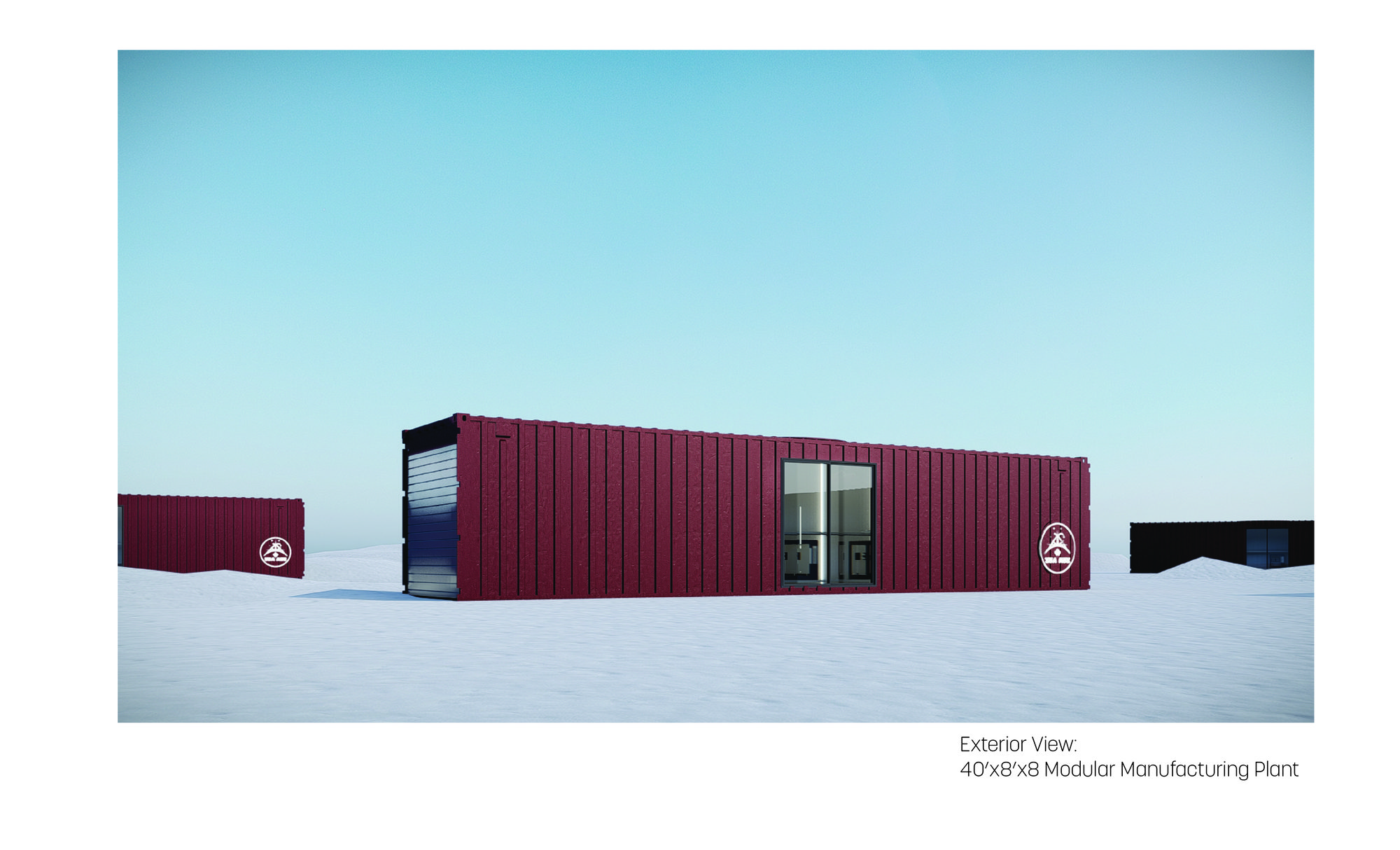 A 40 by 8 foot red modular manufacturing plant on a snowfield under a clear sky.