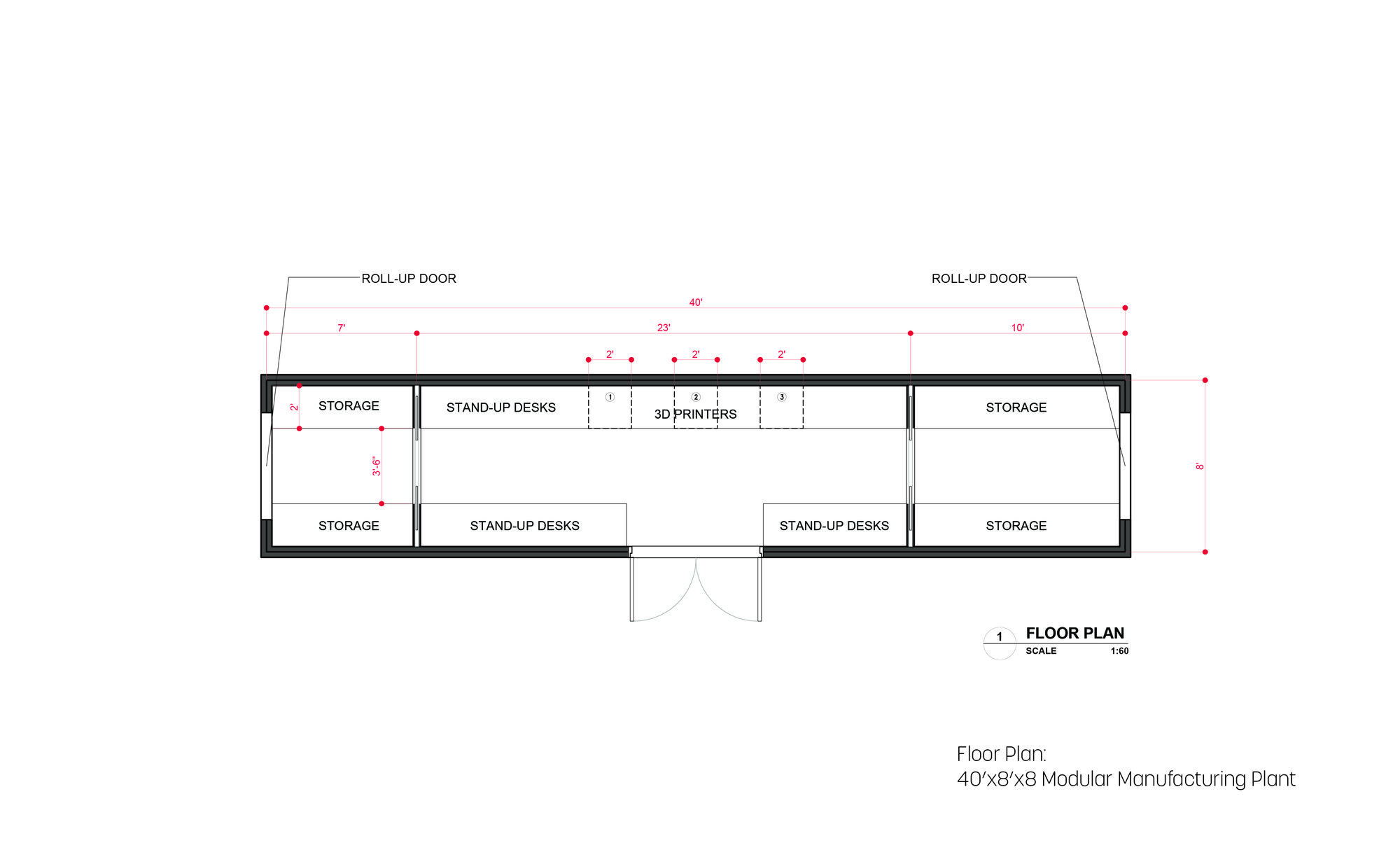 Floor plan of the 40 by 8 foot plant at 1 to 60 scale, with roll-up doors at both ends, storage, stand-up desks, and 3D printers.