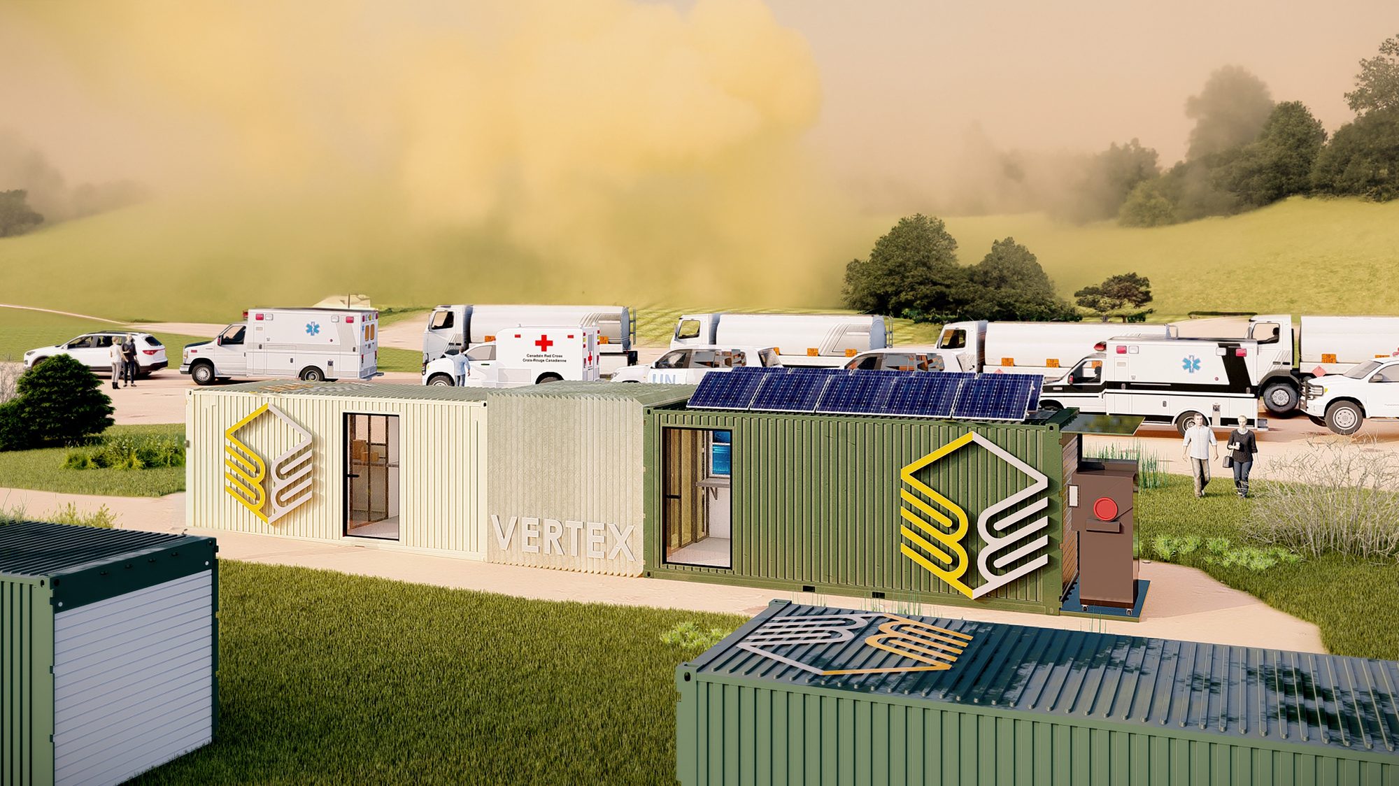 VERTEX deployable units set up as an emergency response camp with ambulances, a Canadian Red Cross vehicle, solar panels, and wildfire smoke behind.