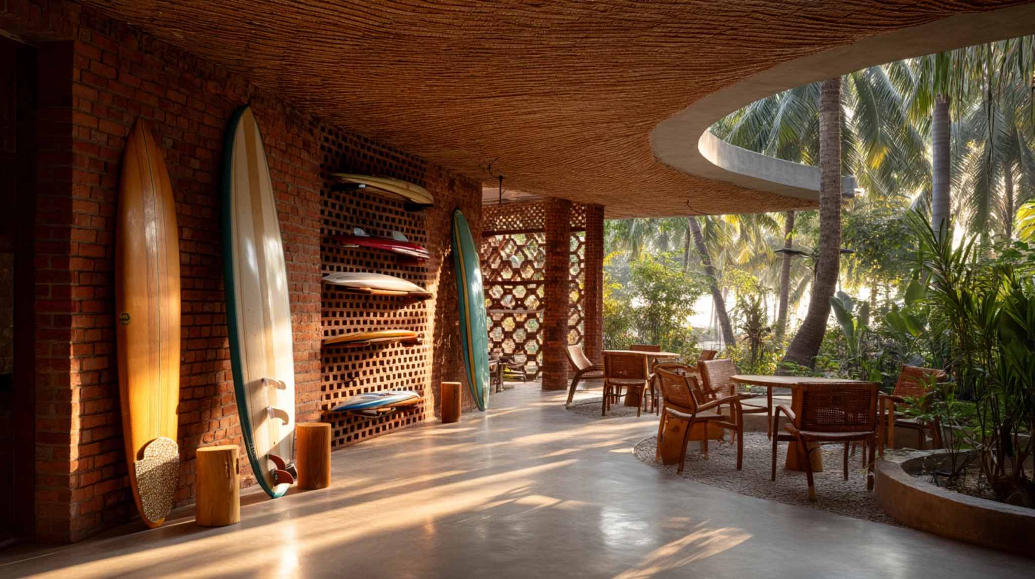 Early Cox’s Bazar Surf Hub interior concept with brick screen, concrete structure, surfboards, and woven shade.