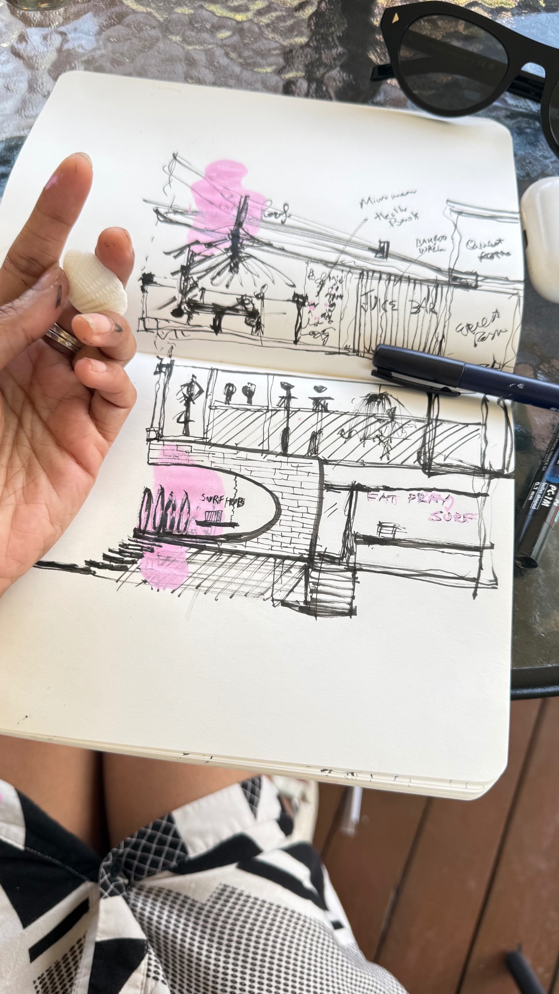 Hand sketch for Cox’s Bazar Surf Hub showing surf hub section, cafe, roof, bamboo, and circulation notes.