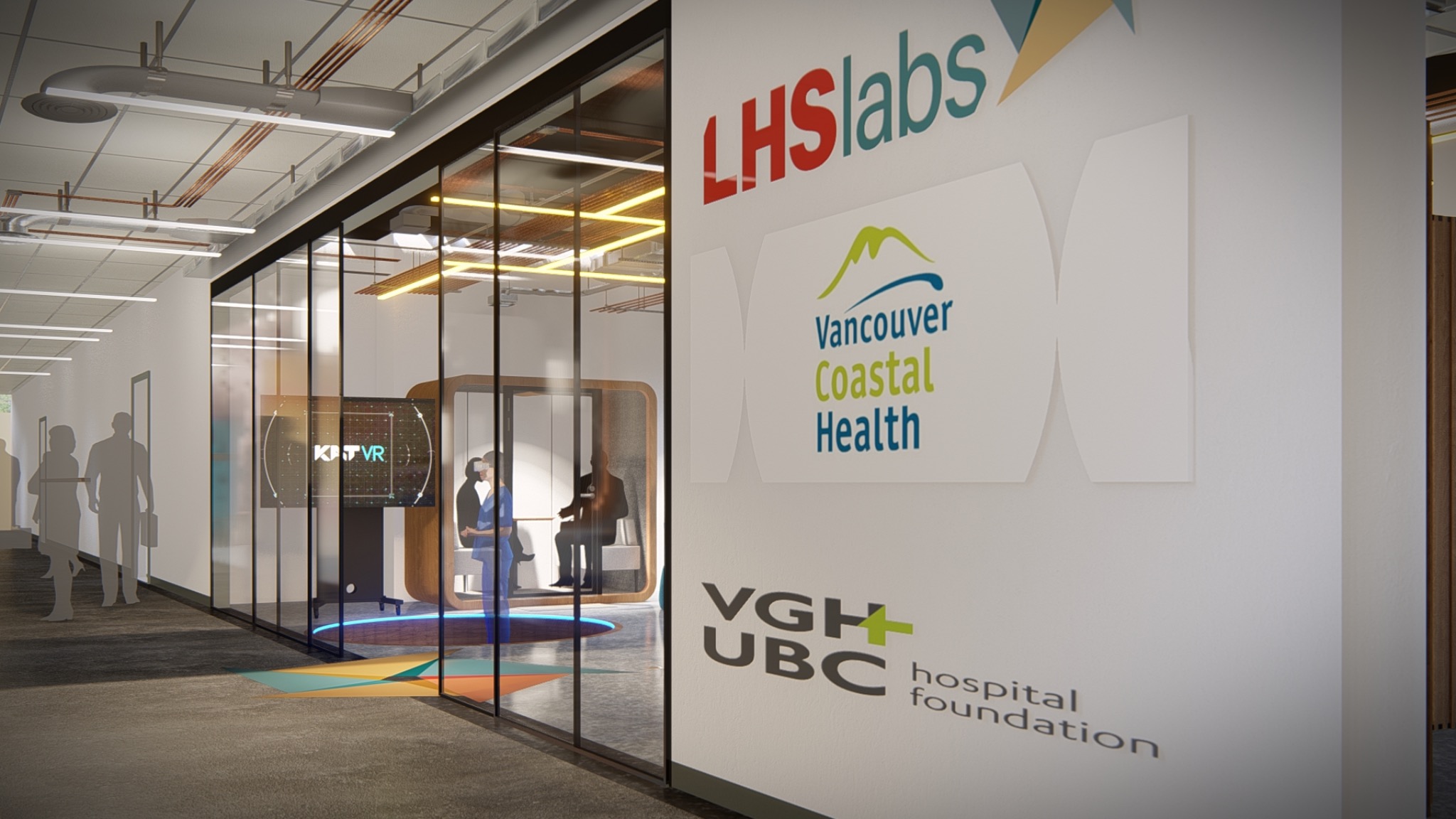 LHS Lab entry and partner wall concept with healthcare innovation graphics.