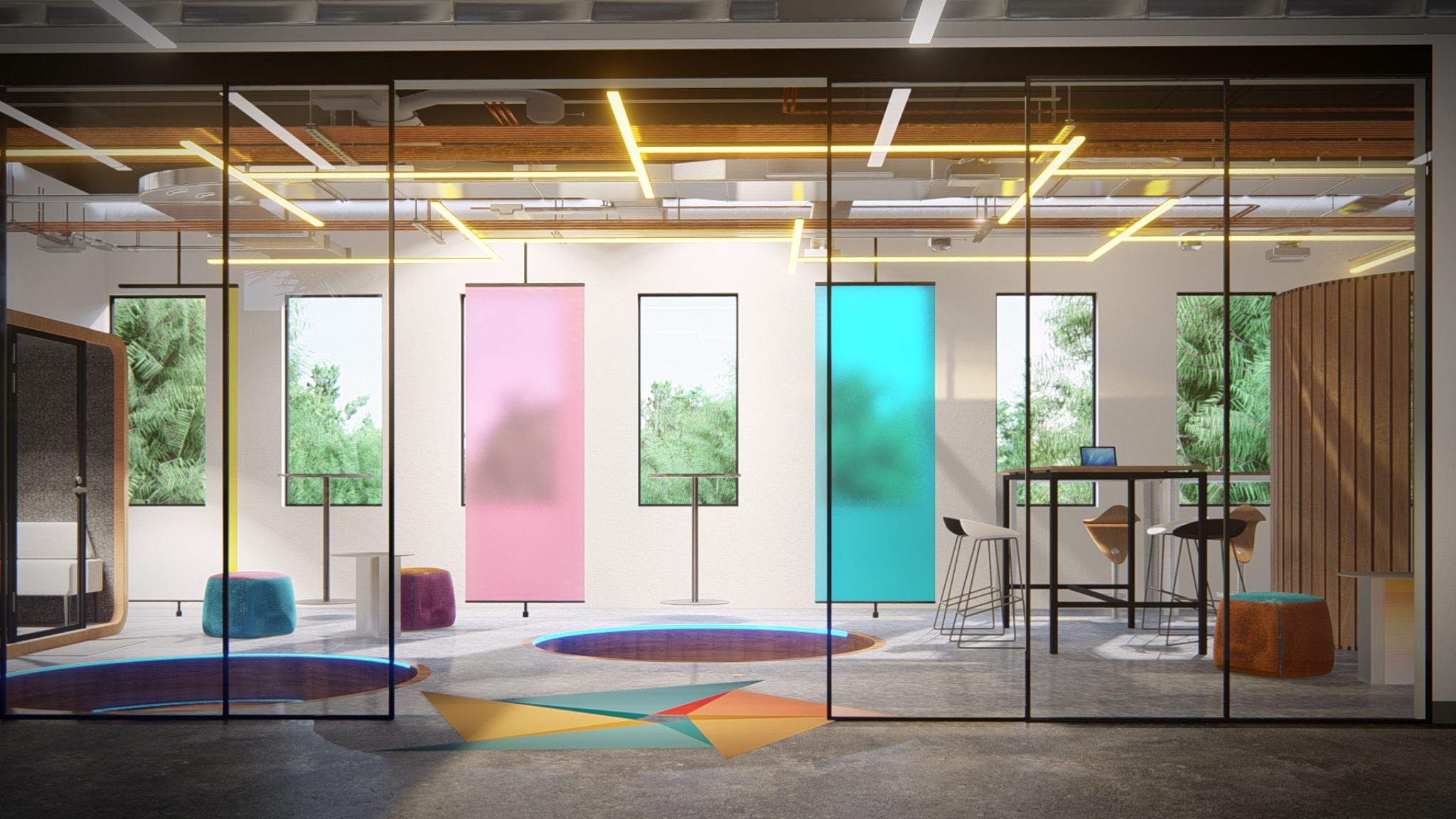 Innovation lab interior concept without figures, with glass partitions and colored panels.