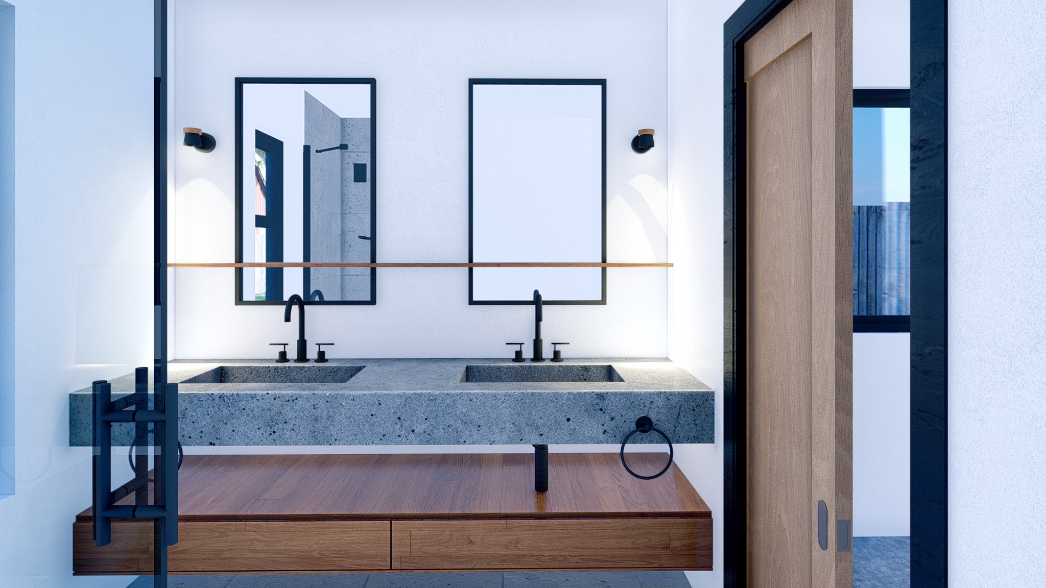 Linear narrow home bathroom concept with double vanity, wood drawers, stone counter, and black fixtures.