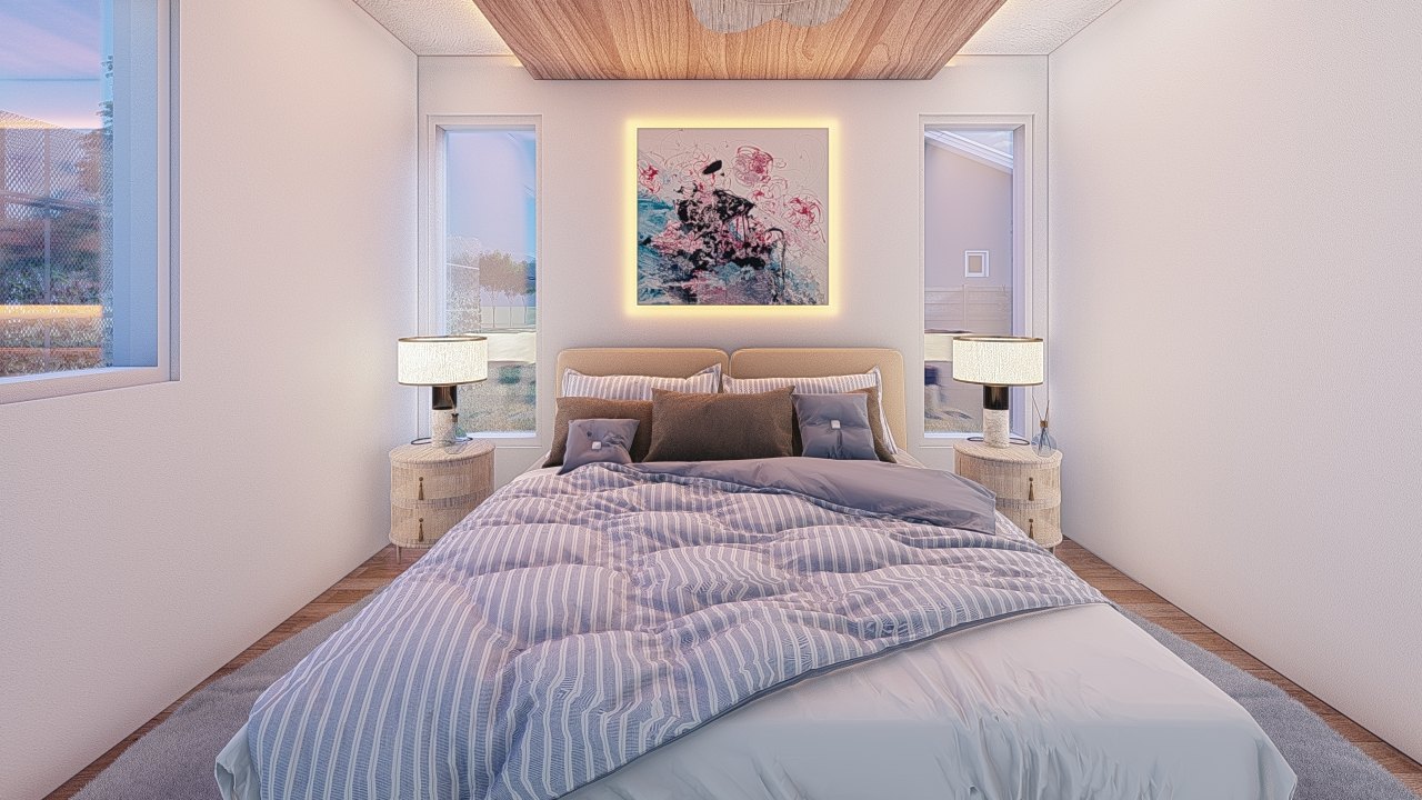 SolHaus primary bedroom with soft daylight.