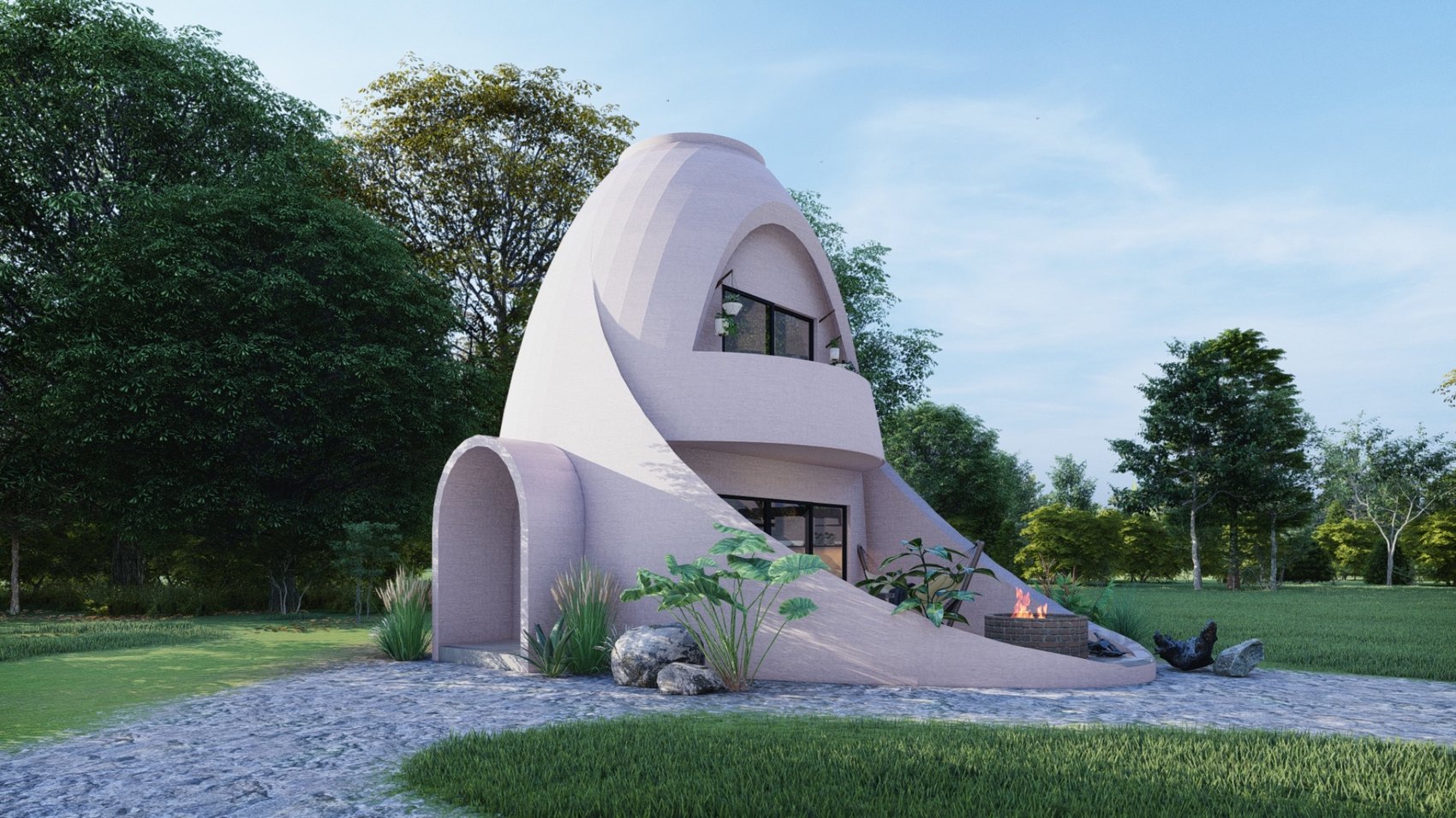 Veils exterior study showing the shell, private terrace, and relationship to landscape.