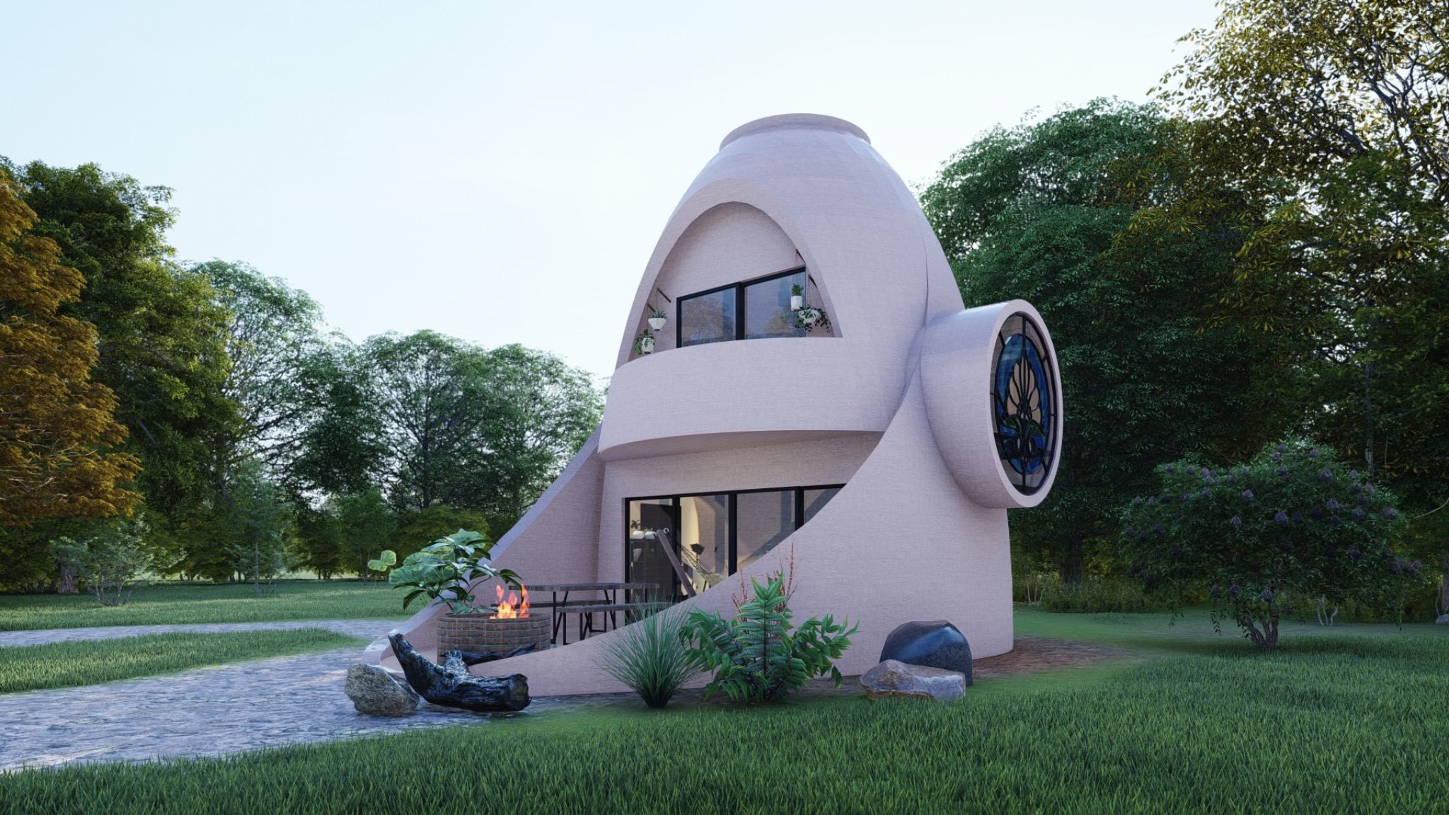Veils eco-dome exterior rendering with sculptural shell, circular stained-glass window, terrace, fire pit, and landscape.