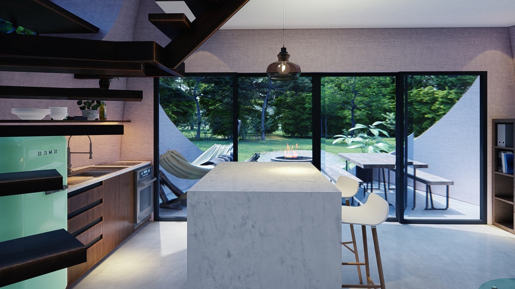 Veils kitchen looking toward the terrace.