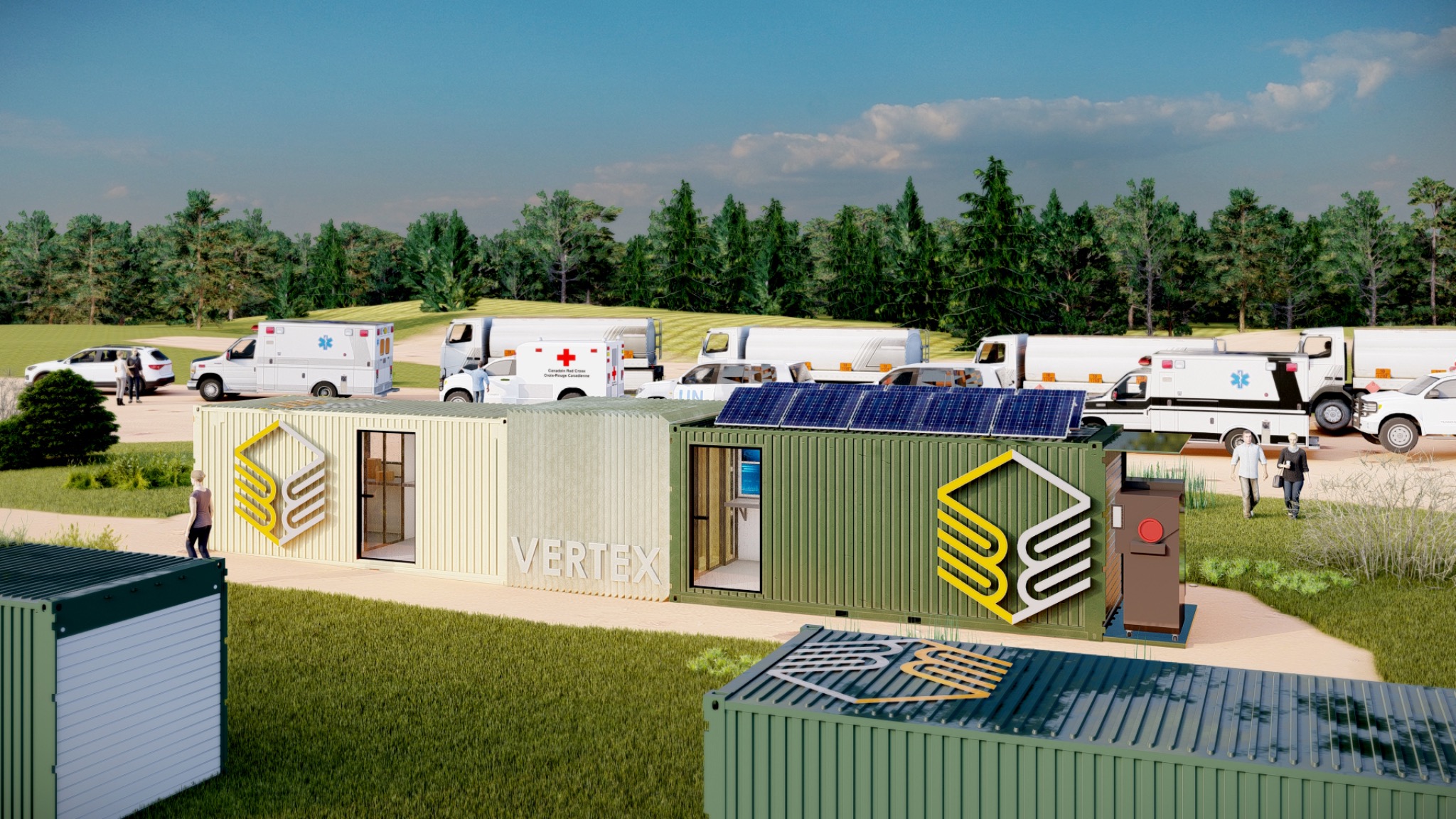 Vertex field-campus concept with modular units, service vehicles, solar infrastructure, and landscape.