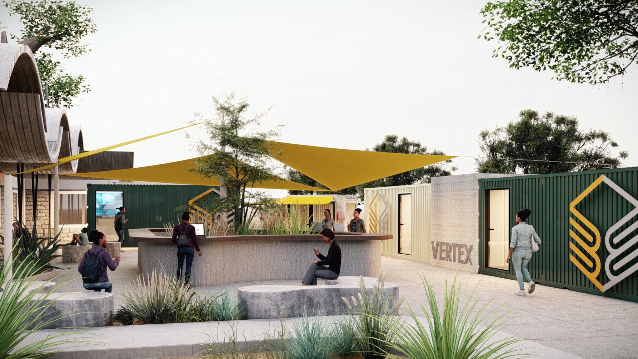 Vertex campus concept with modular buildings, street edge, and public realm.