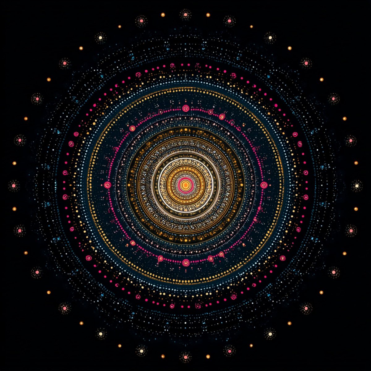 Utsa's mandala, with concentric gold, rose and teal rings radiating from a shared centre